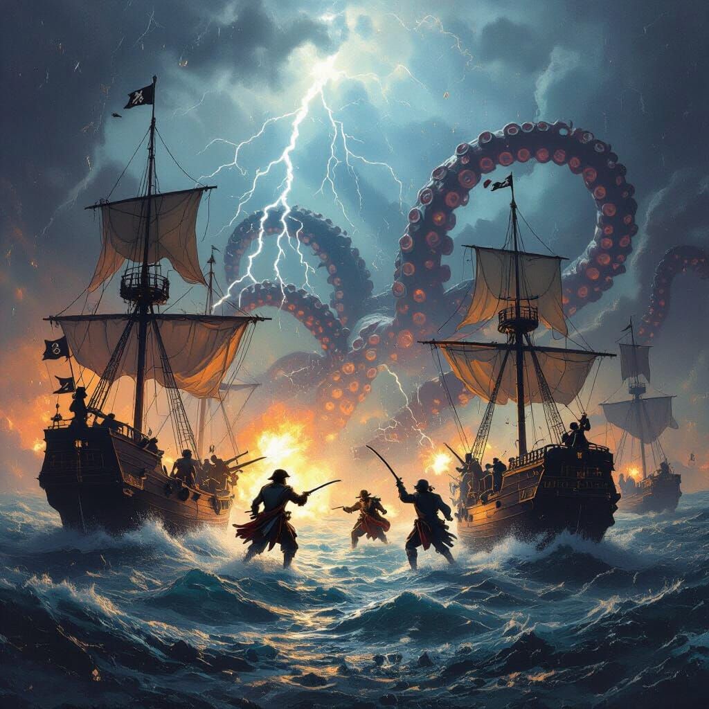 Pirate Ships in Epic Naval Battle with Kraken