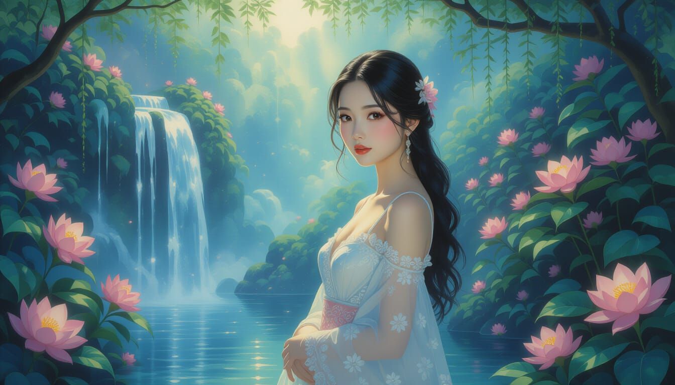 Surreal Asian Woman in Mystical Garden