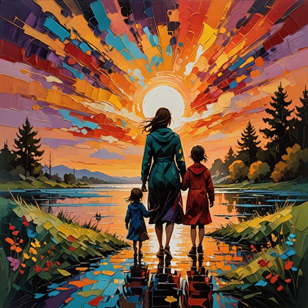 Abstract Sunset with Silhouetted Family