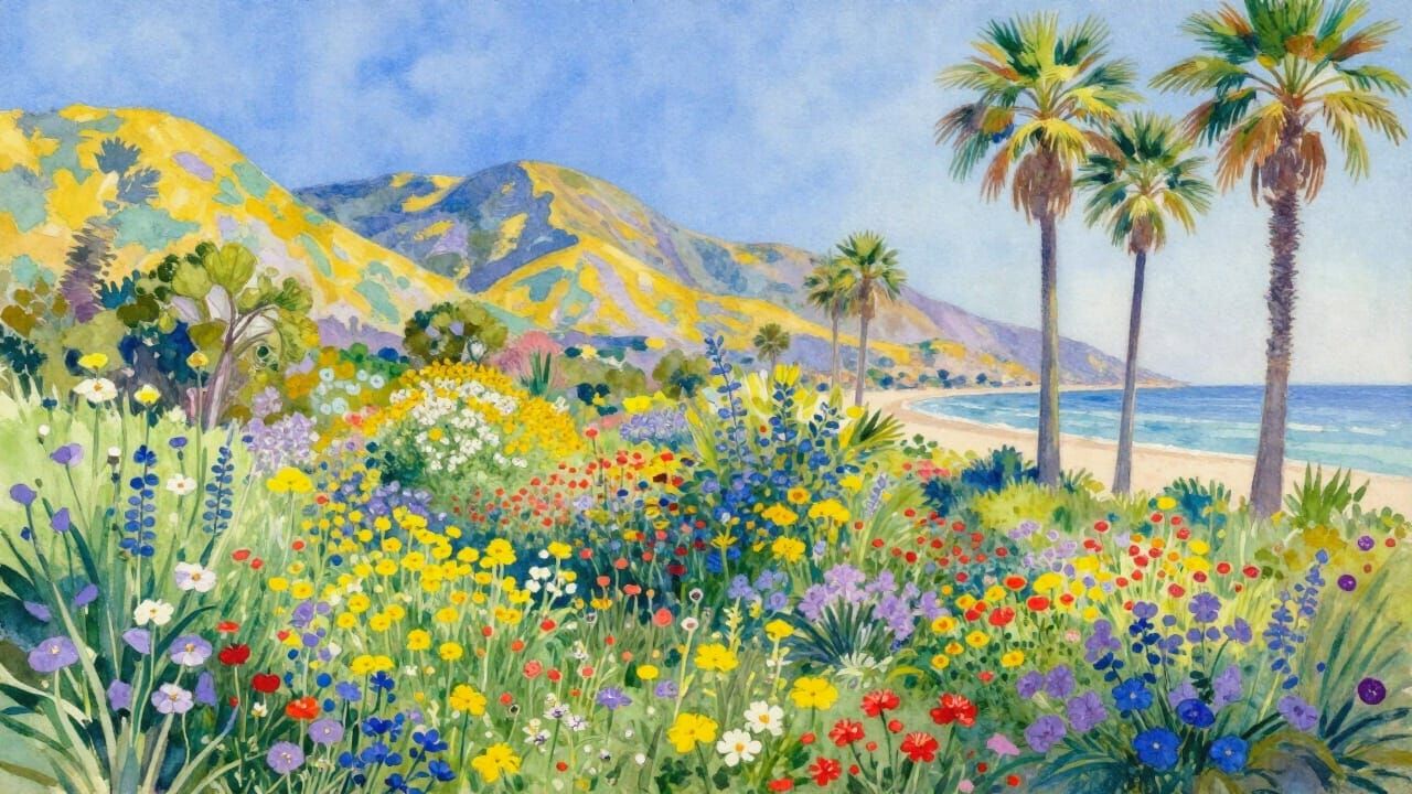 Wildflower Garden and Mountain Vista in Luminous Watercolor