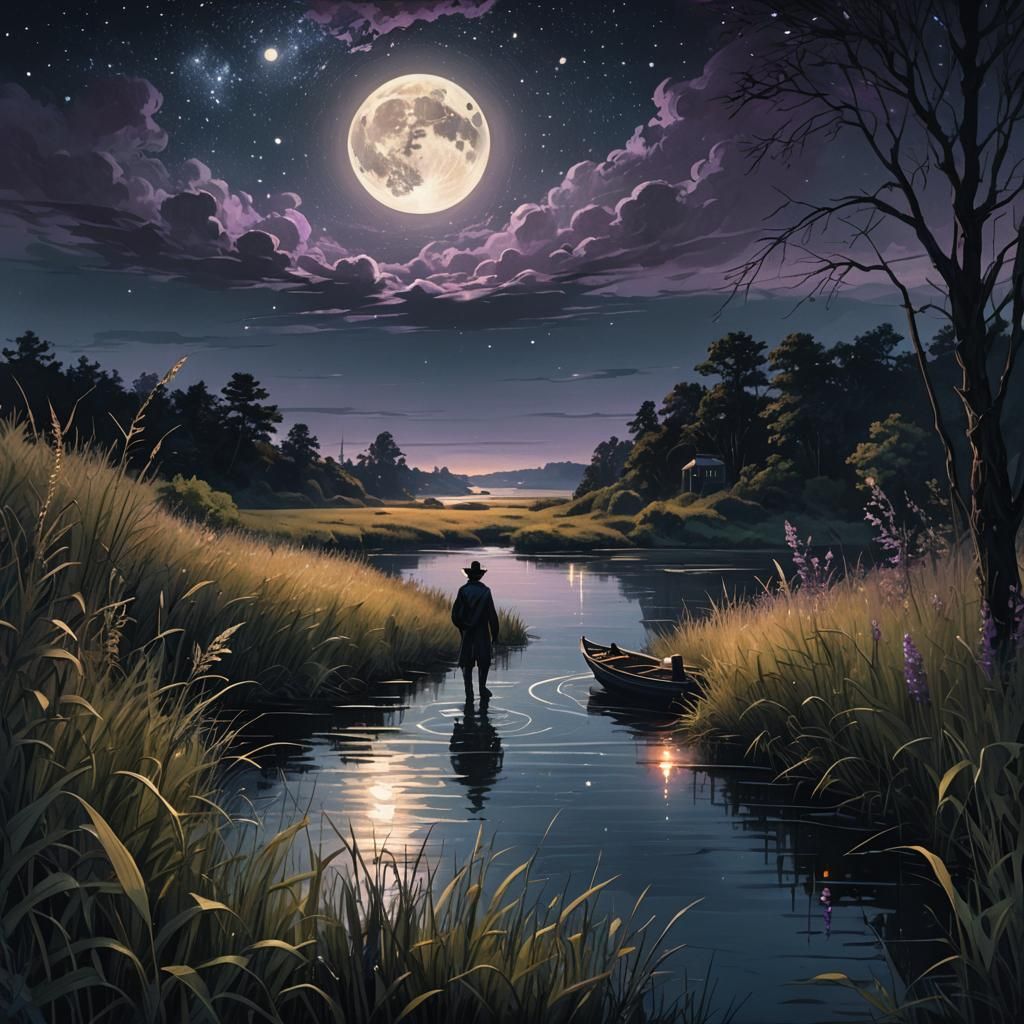 Noir Fantasy Ferryman Under Starry Sky