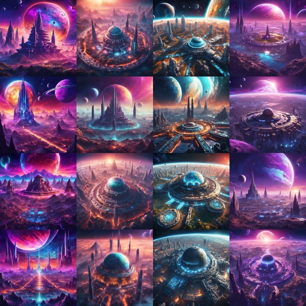 Planetary View from Space with Giant Temples