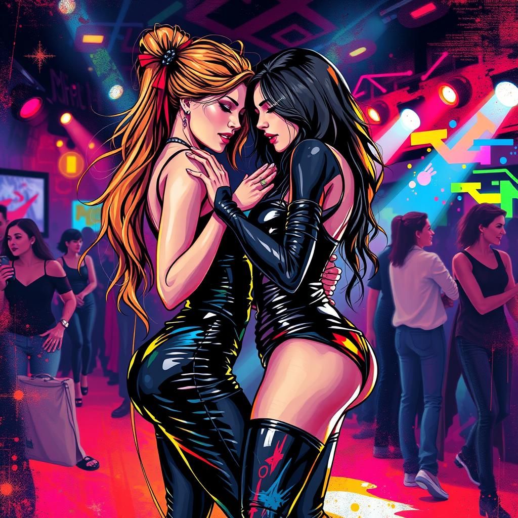 Women Dancing in Club in Cyberpunk Graffiti Style
