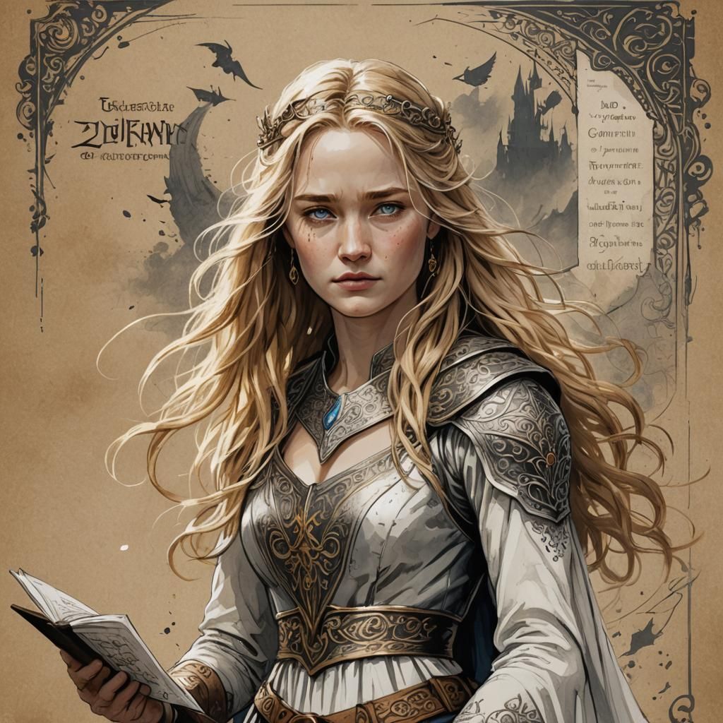 Eowyn Ink Sketch with Silver Embroidery