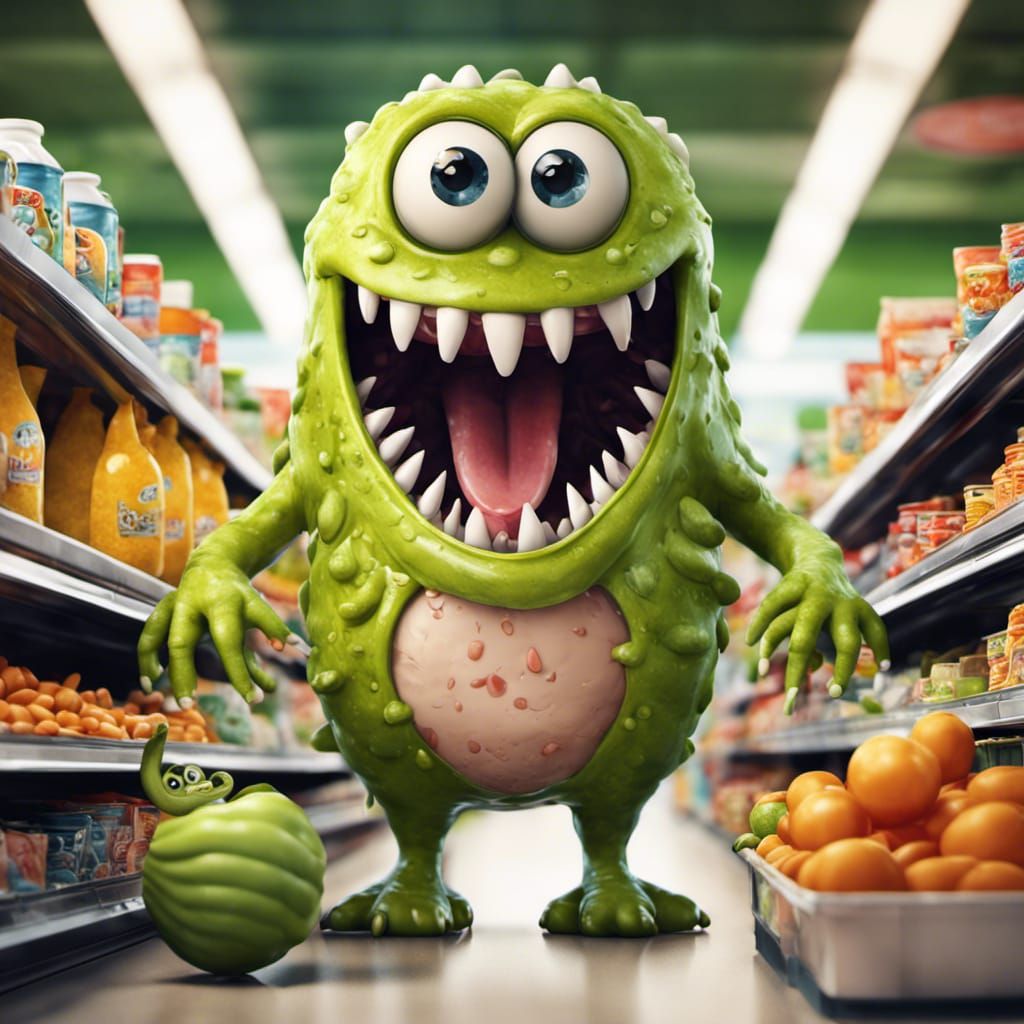 Pickle monster bowling in a supermarket