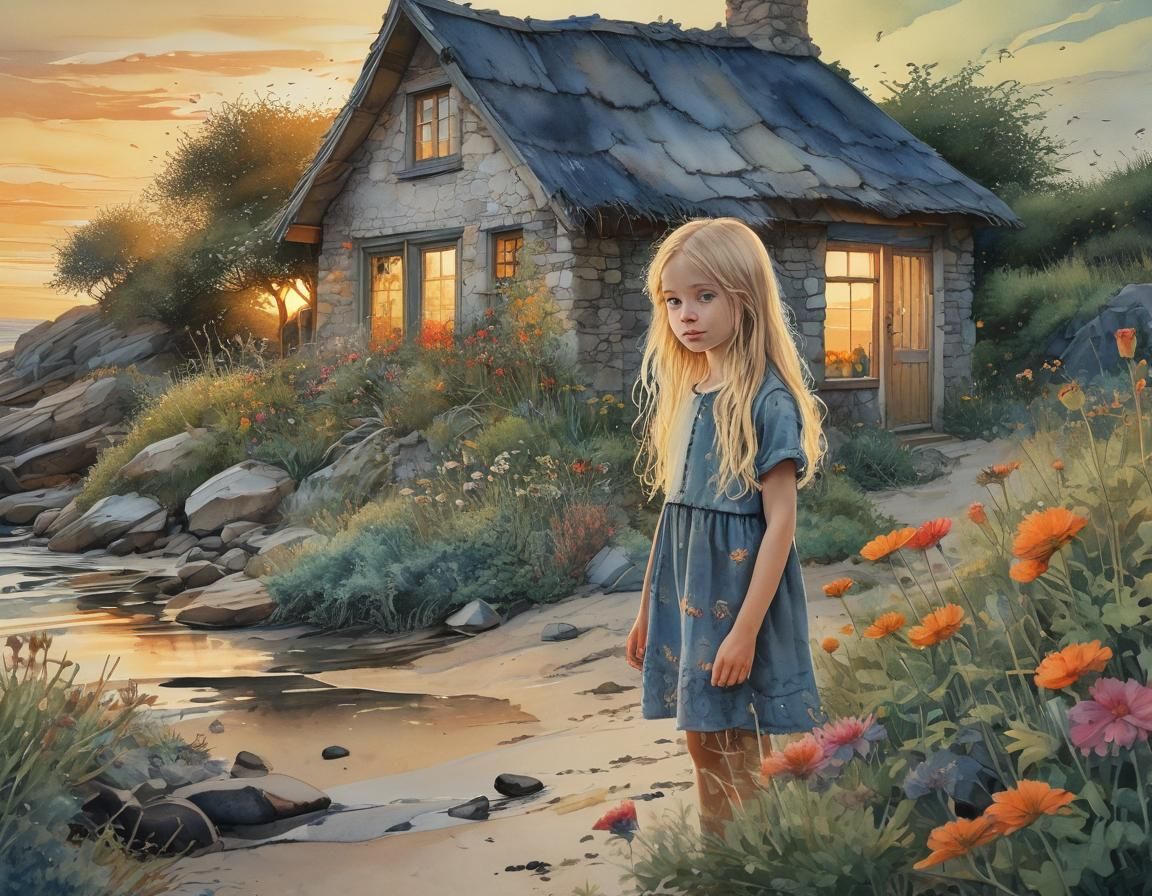 Girl on Beach at Sunset, Watercolor Style