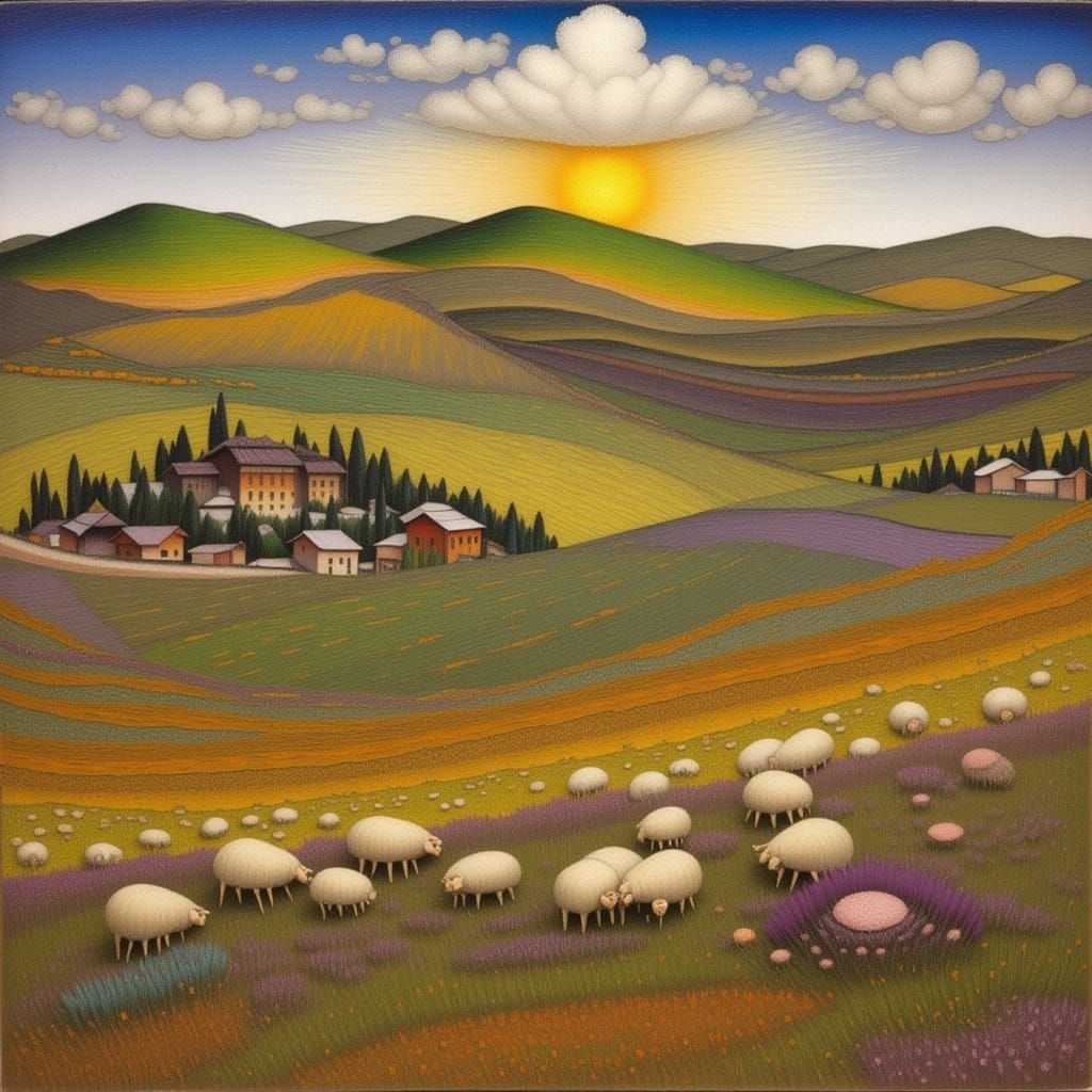 Picturesque Sheep Farm Landscape with Stone Features