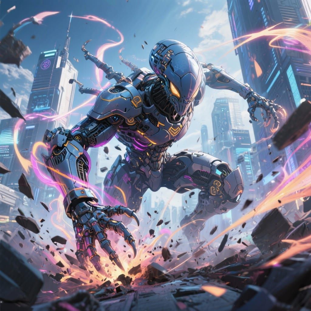 Armored Alien Destroys City in Anime Style