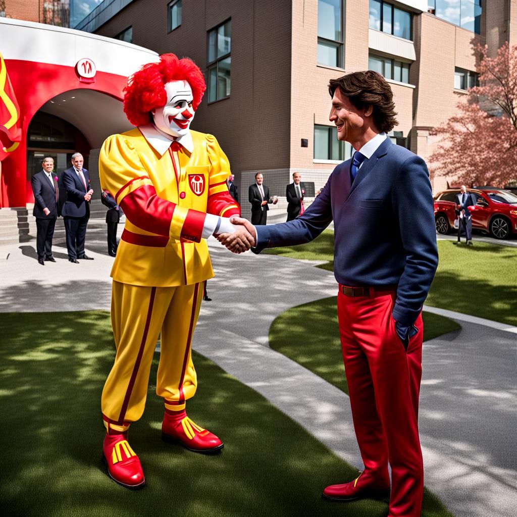 Ronald McDonald shaking hands with Justin Trudeau