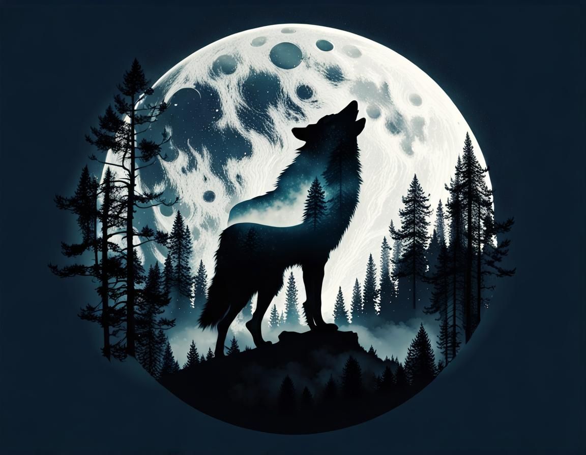 Wolf Howling at Moon Double Exposure Illustration