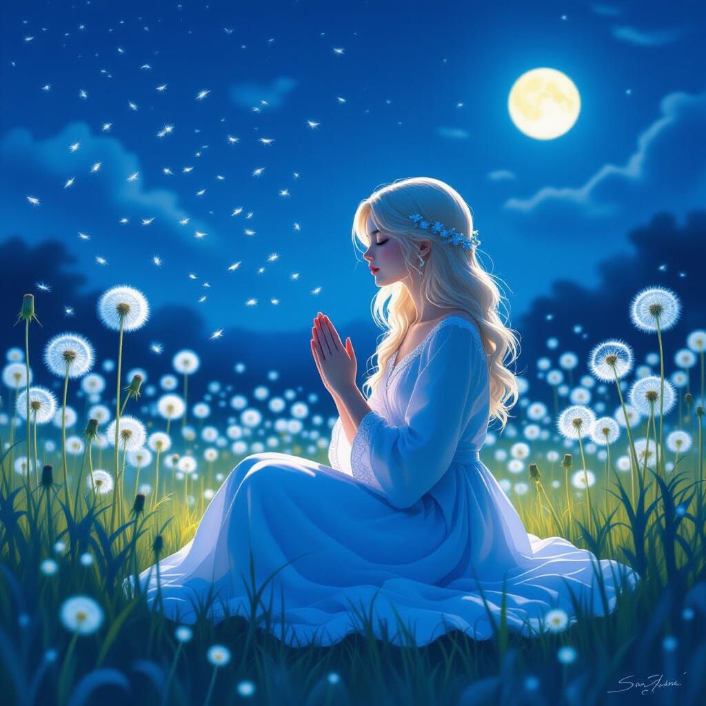 Dreamy Meadow: Woman in Moonlit Gown, Digital Painting