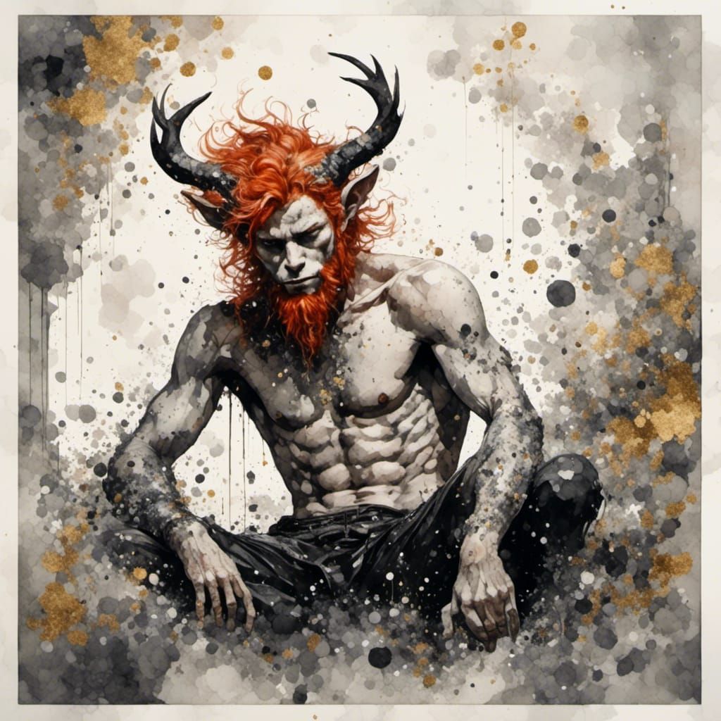 Epic Red-Haired Satyr in Antique Watercolor Style