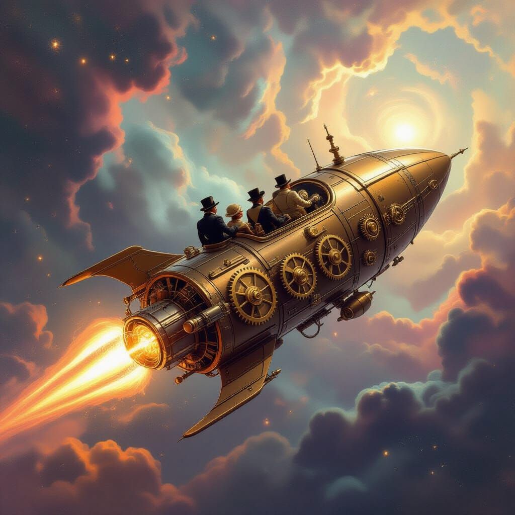 Steampunk Rocket Ship in Nebula of Vibrant Colors
