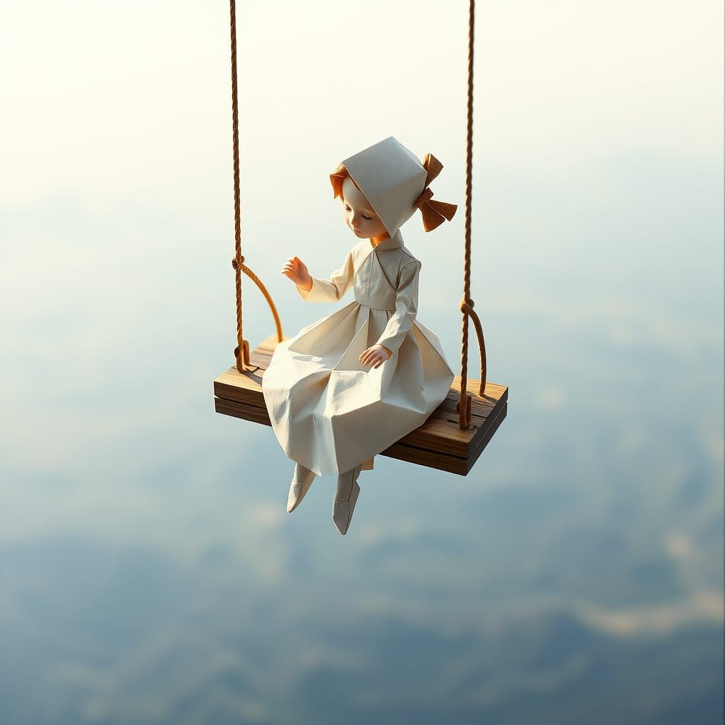 Origami Girl in Ephemeral Swing above Endless Void