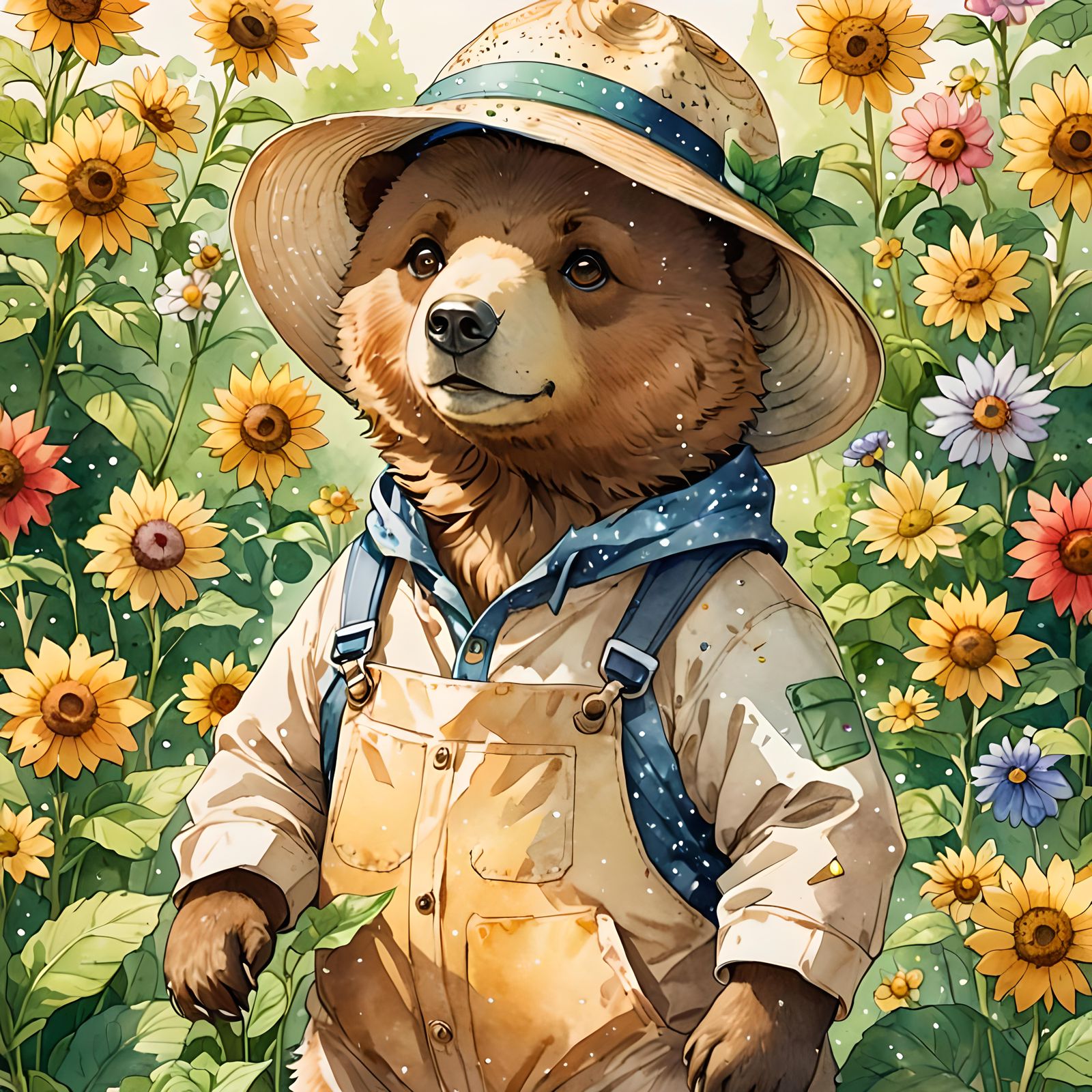 Bear Gardener in Anime Watercolor Style