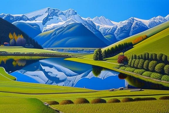 Picturesque Swiss Village on Lake, Hyperrealistic Painting