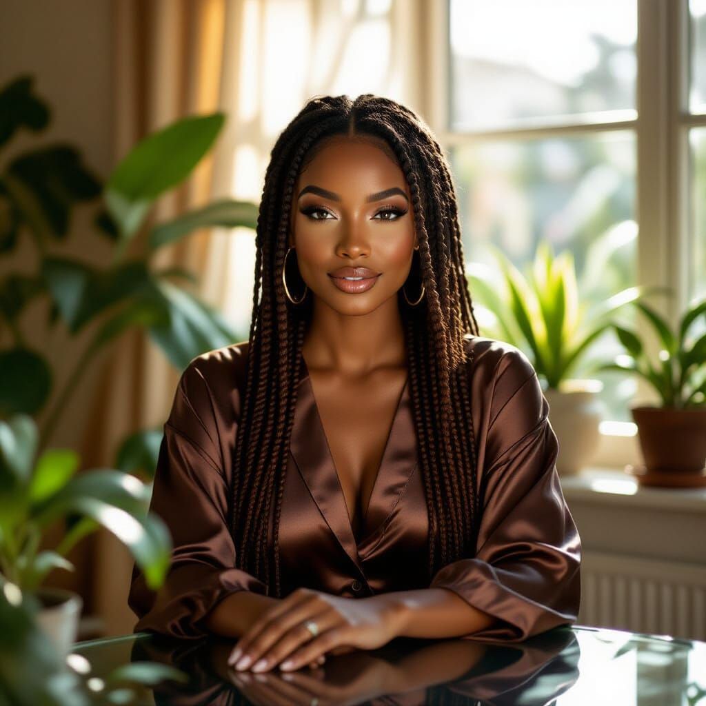 Black Woman in Silk Pajamas with Box Braids in Morning Sunbe...