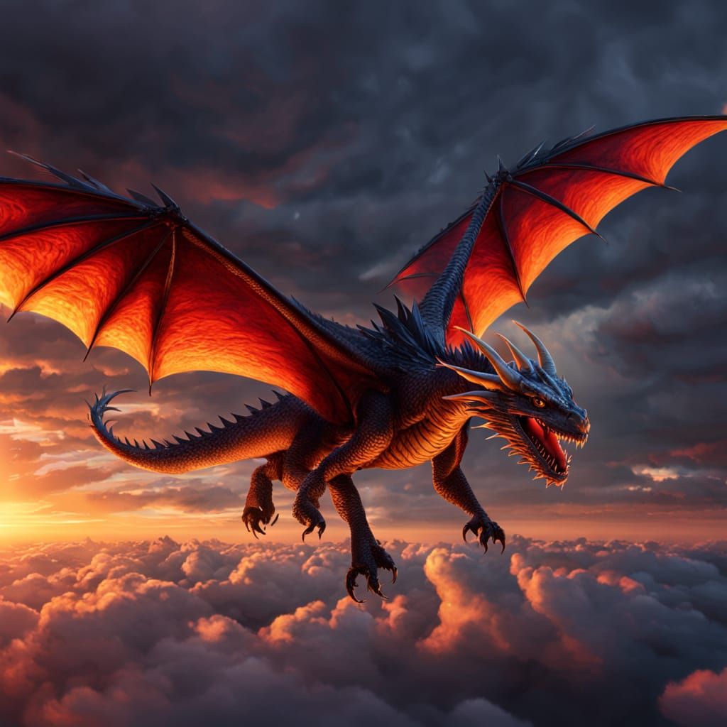 Dragon Soaring Through Crimson Sunset: Digital Art
