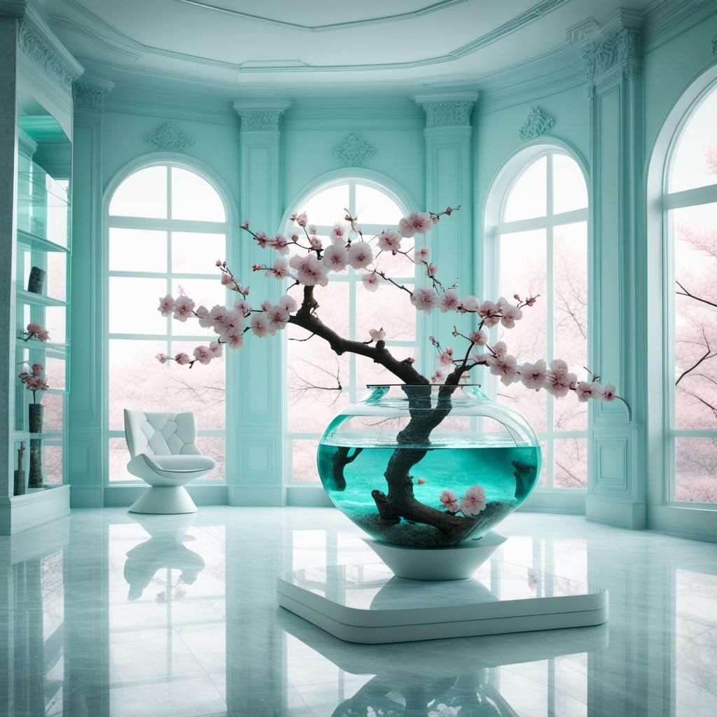 Futuristic Room with Aquarium and Cherry Blossoms