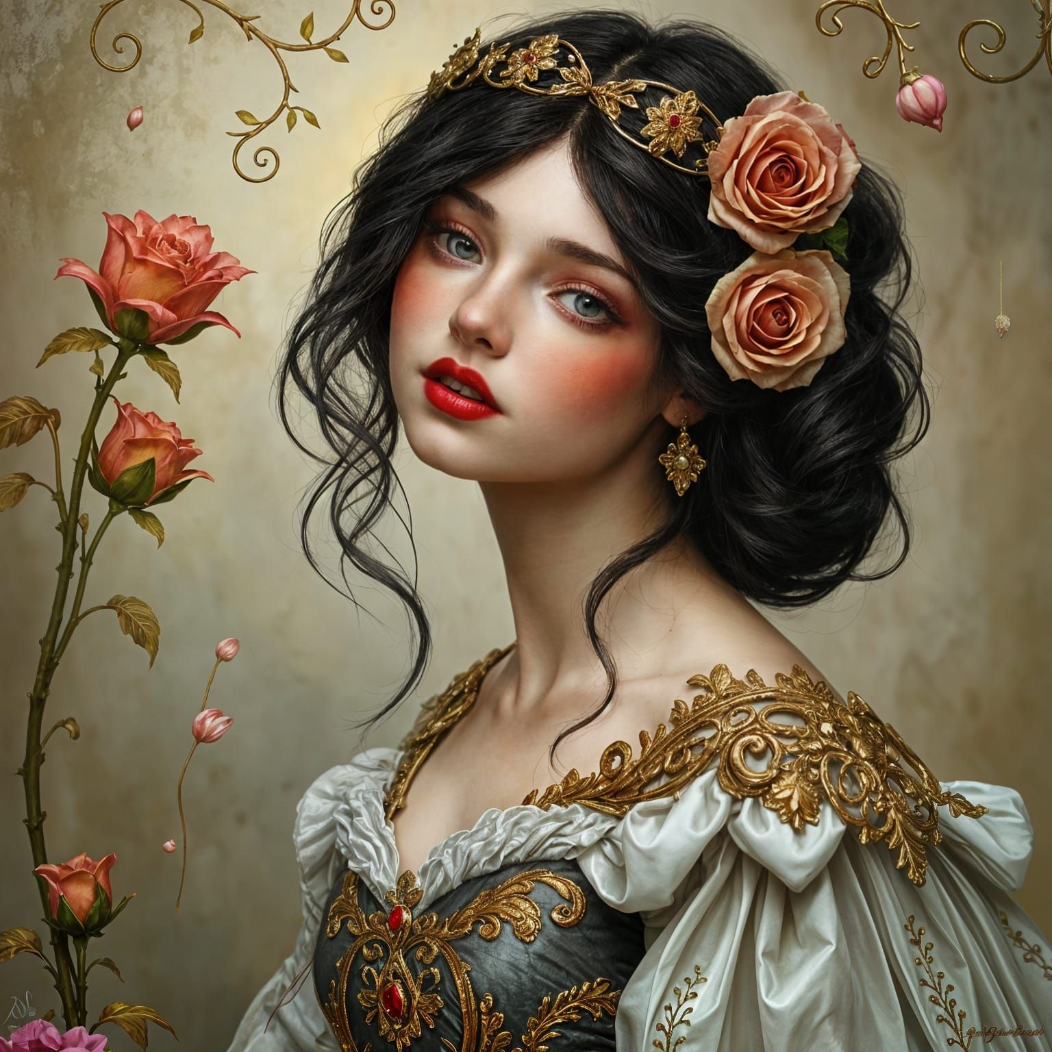 Fairytale Princess in Ebony Hair and Crimson Lips