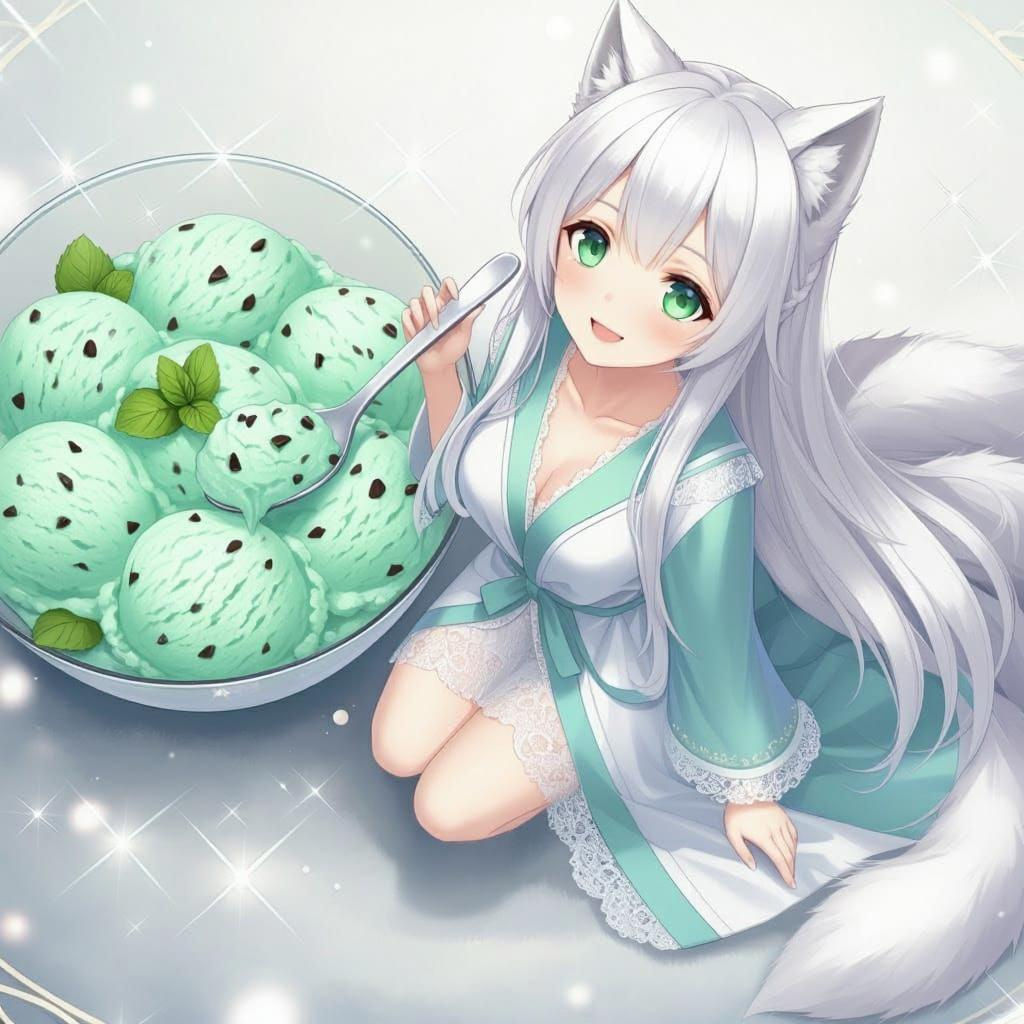 Wolfie eating mint chocolate chip ice cream