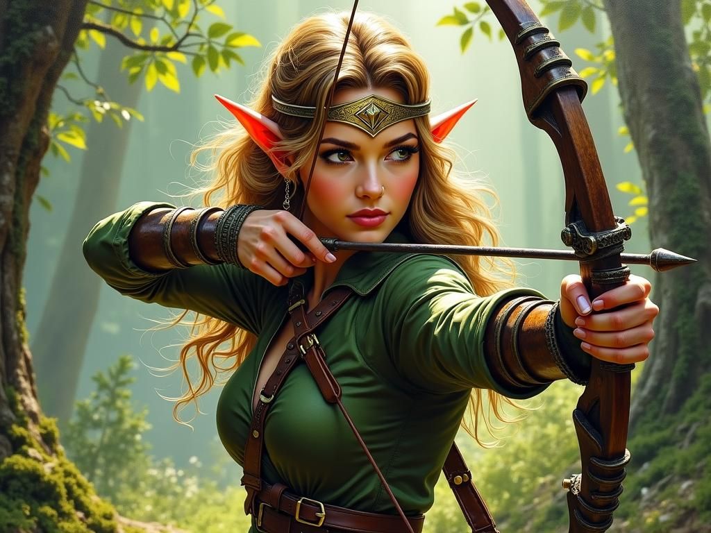 Elven Archer in Forest, Oil Painting