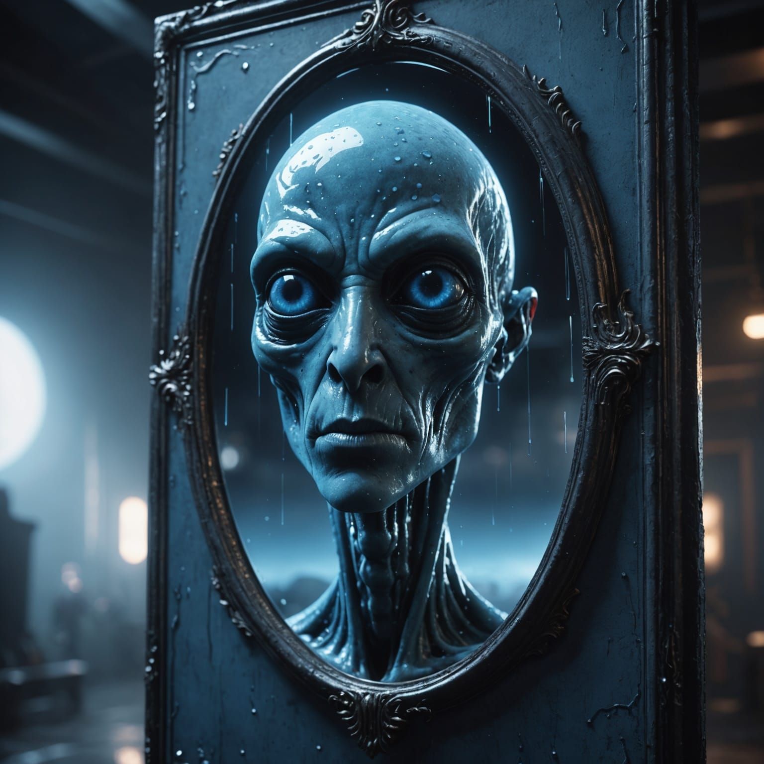 Alien Face Reflection in Misty Mirror