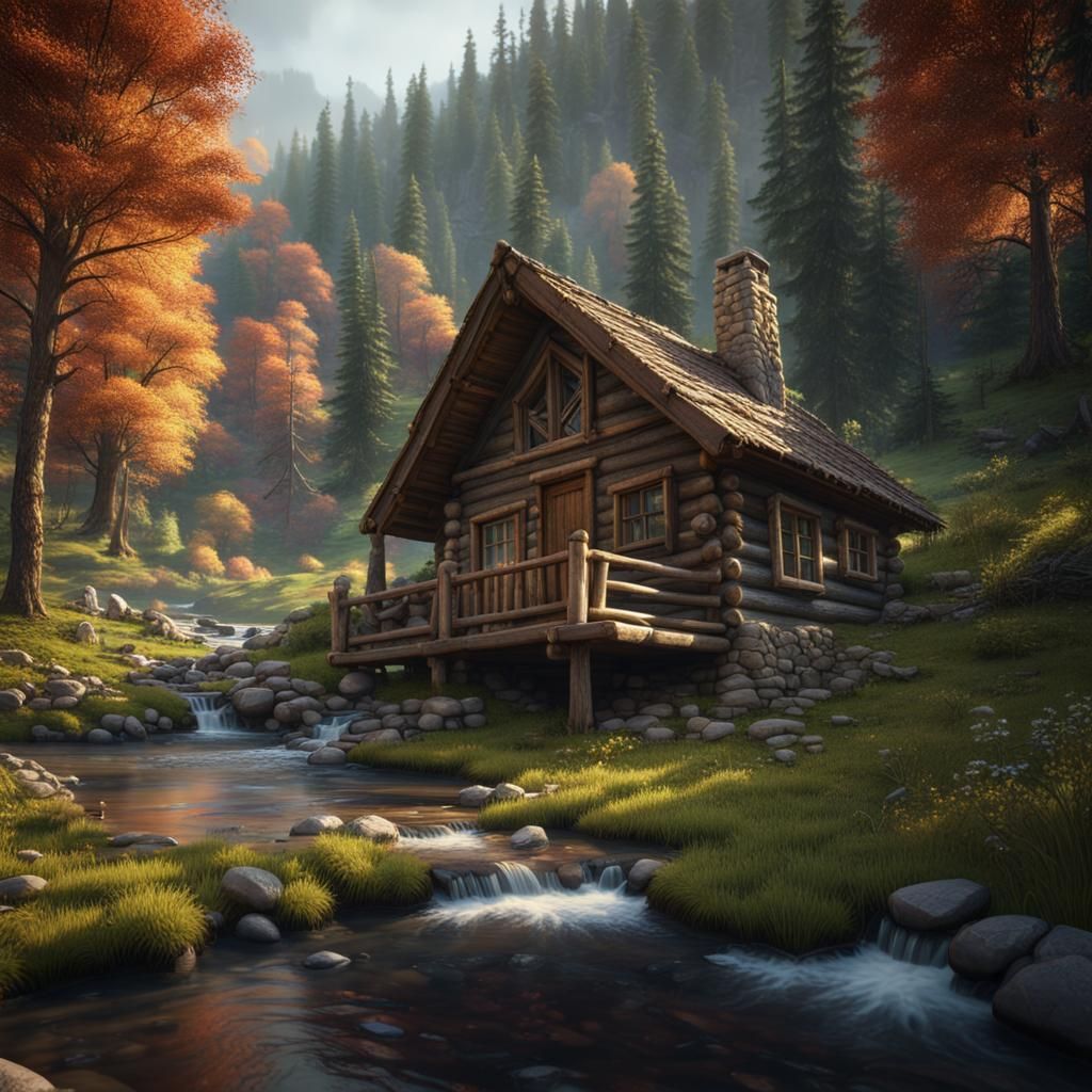 Rustic Log Cabin in Forest: Detailed Matte Painting