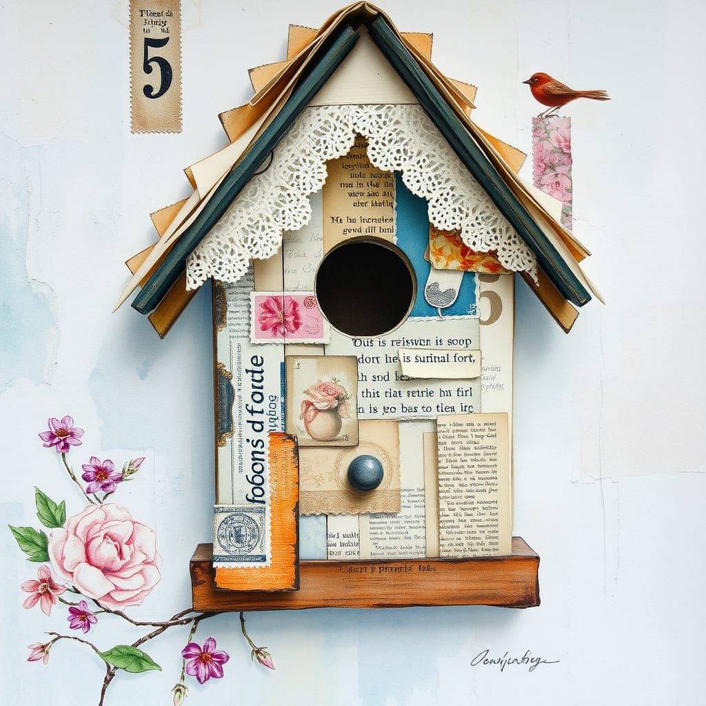 Whimsical Mixed Media Birdhouse Artwork