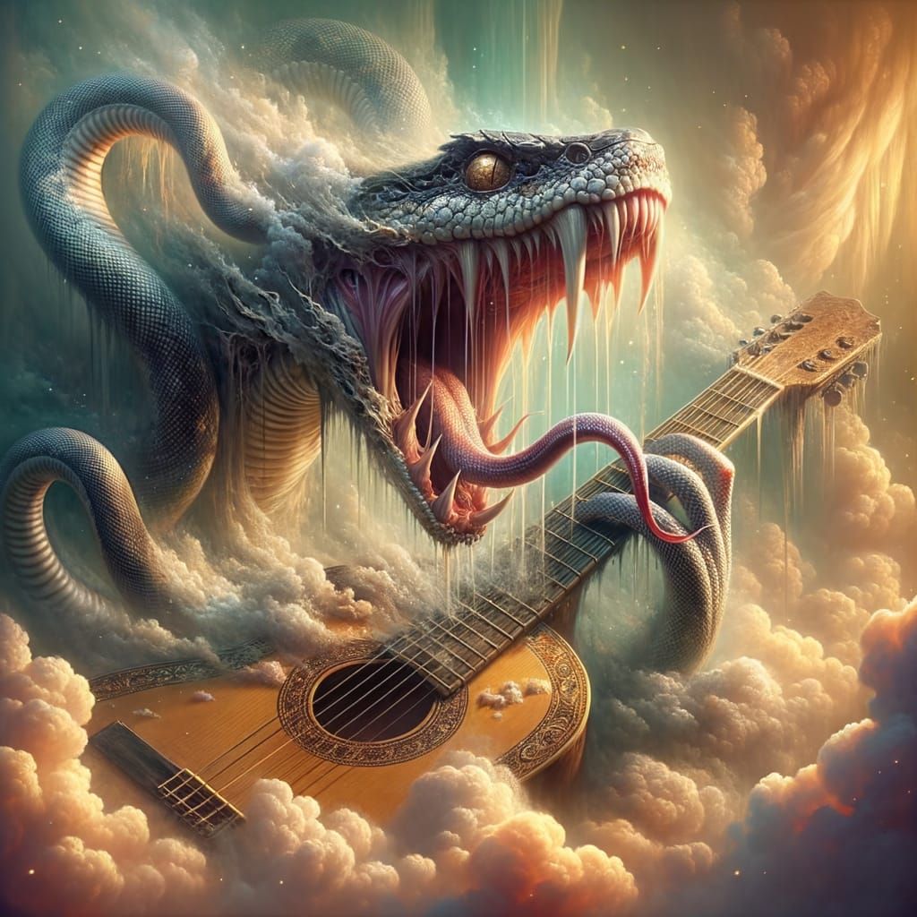 Snake Emerges from Guitar Neck in a Dreamy, Romantic-Era Oil...