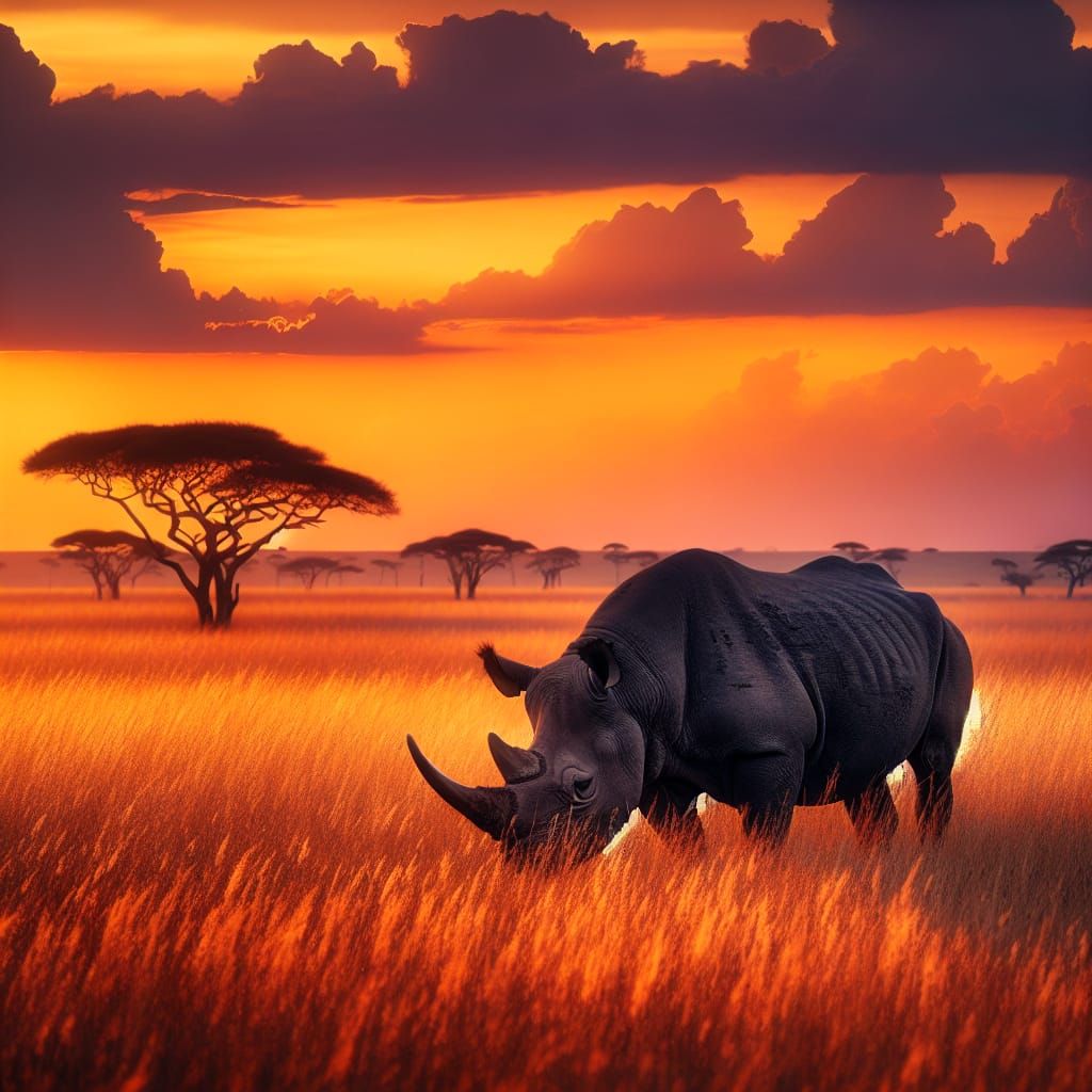 Black Rhino Grazing at Sunset in Golden Grass