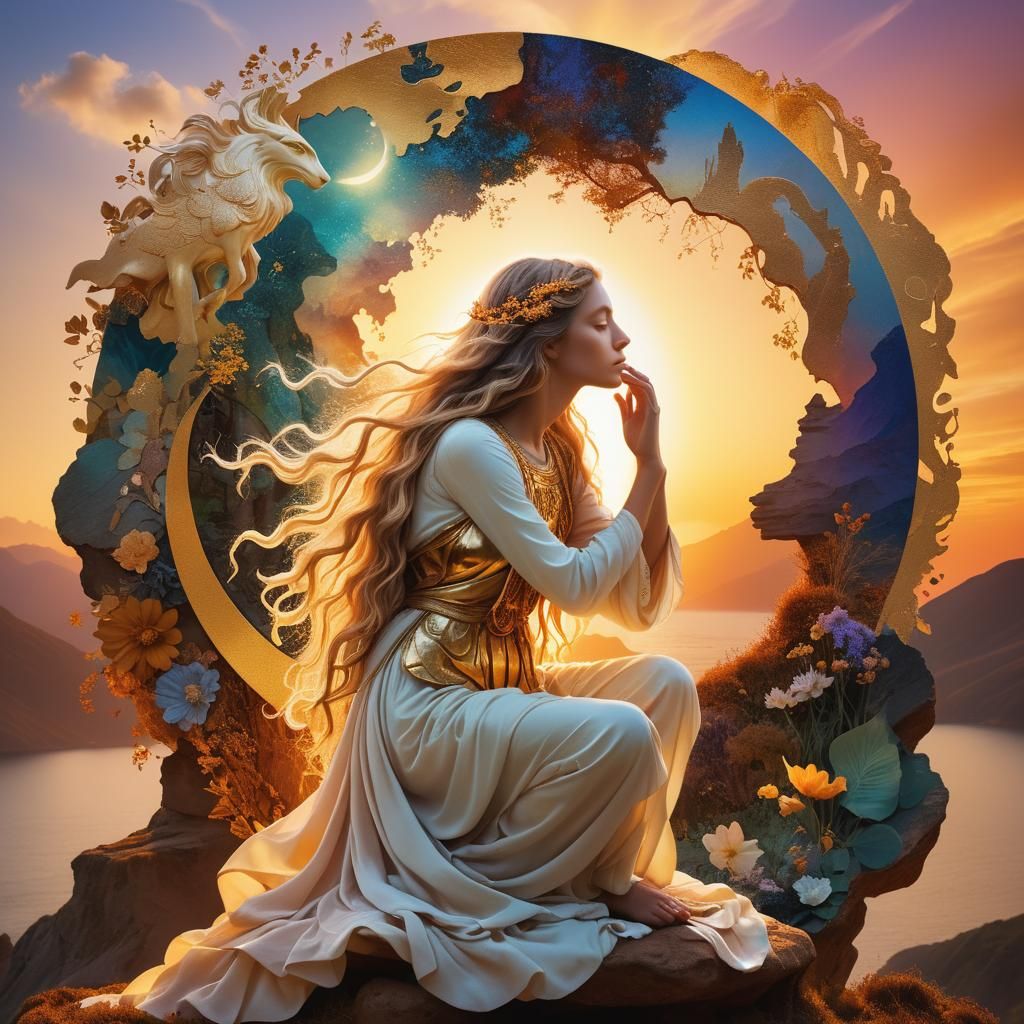 Mystical Collage of Mythical Creatures at Sunset