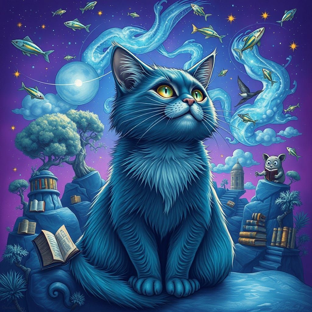Dreamlike Cat World Illustration with Flying Fish