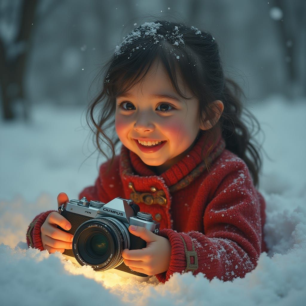Girl Receives Camera in Snowdrift, Norman Rockwell Style