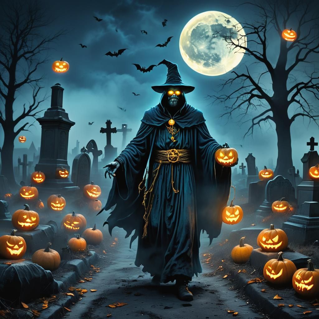 Terrifying Sorcerer Tramples Pumpkins in Dark Fantasy Illust...
