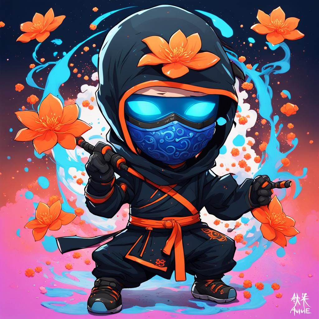 Ninja Chibi in Manga Style with Dragons and Flowers