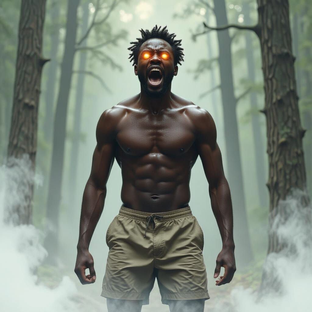 Eerie Forest Screaming Man with Glowing Eyes