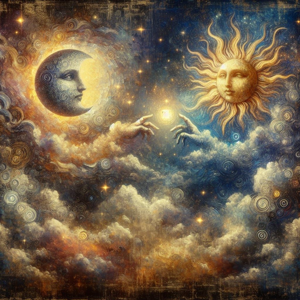 Celestial Dance: Moon and Sun in Oil Painting