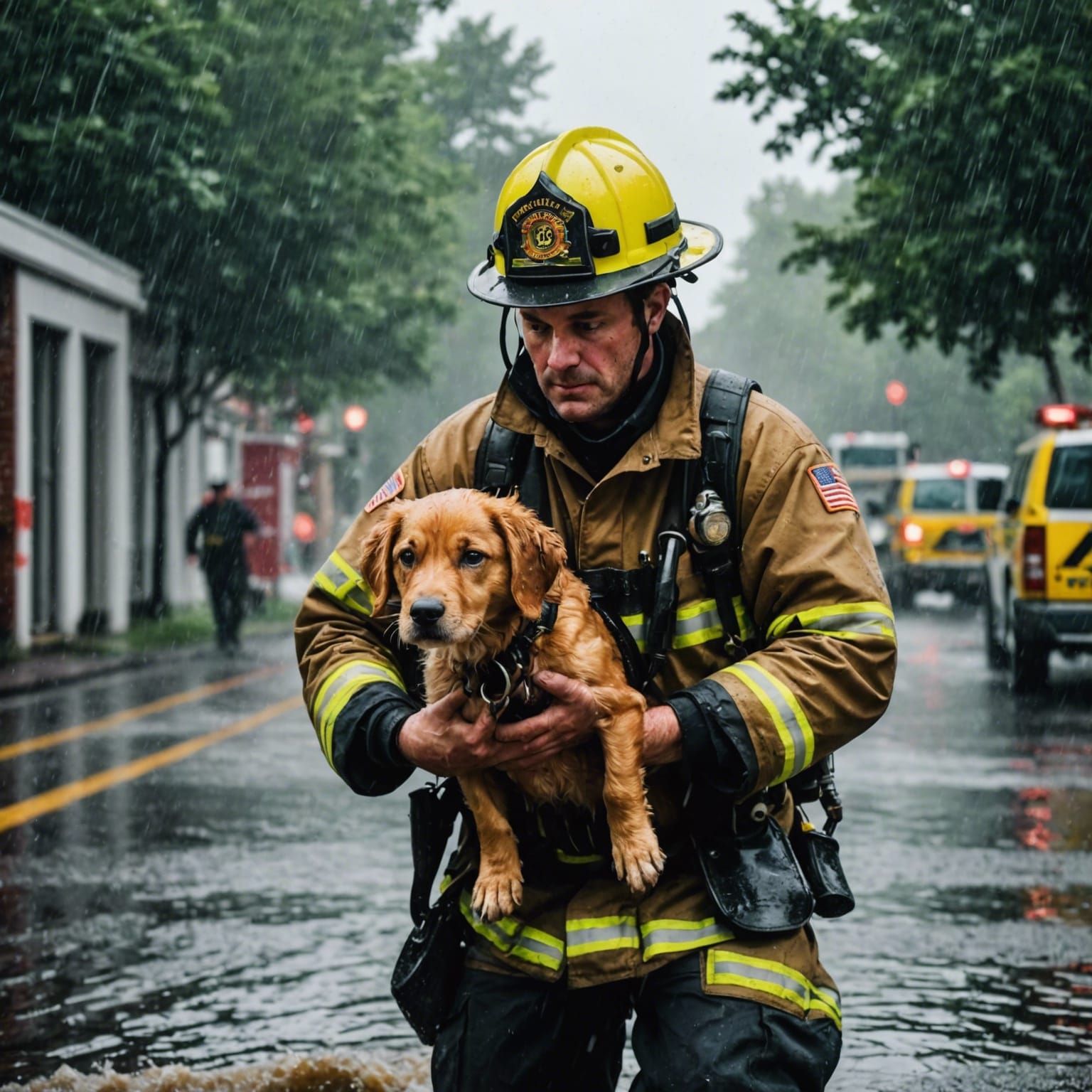 Firefighter Rescuing Dog in Heavy Rain