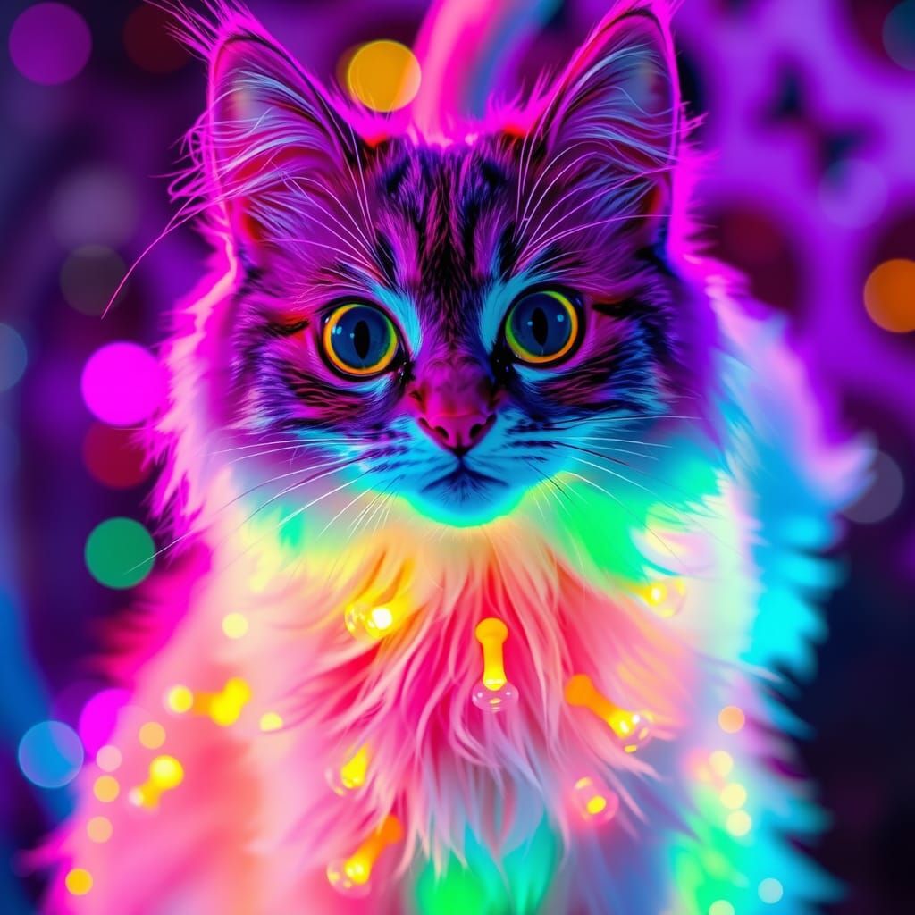 Ethereal Fluorescent Cat in a Fluorescent Wonderland