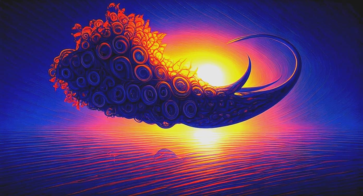 Surreal Whale Flying Through Sunset Landscape