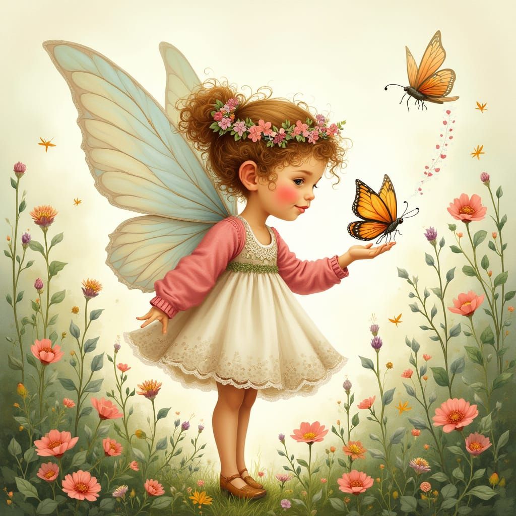 Whimsical Fairy Girl with Butterfly in Spring Illustration