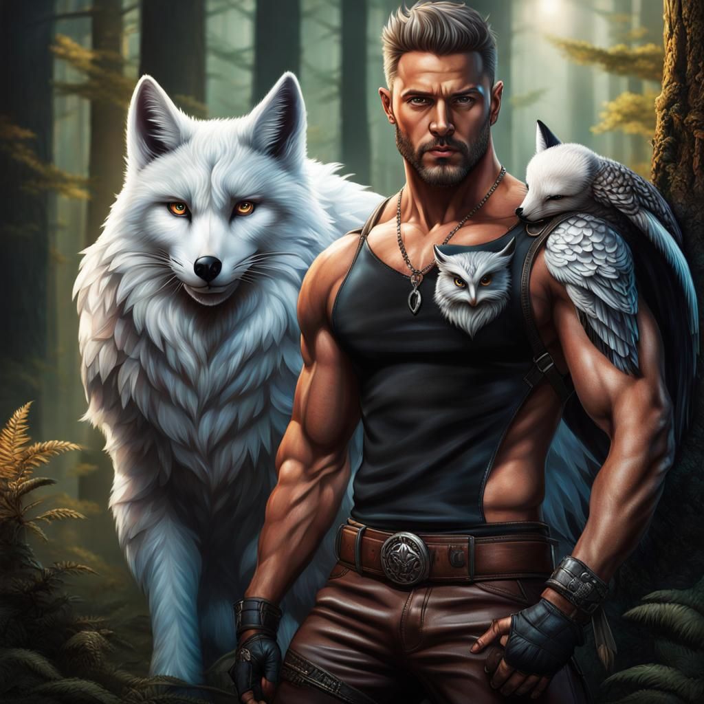 Muscular Warrior with Owl and Fox in Forest