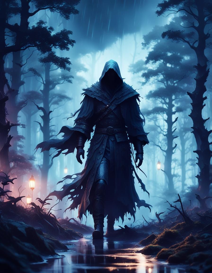 Mysterious Figure in Misty Forest: Digital Matte Painting