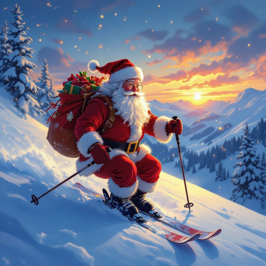 Santa Claus Skis Down Snowy Slope at Sunset