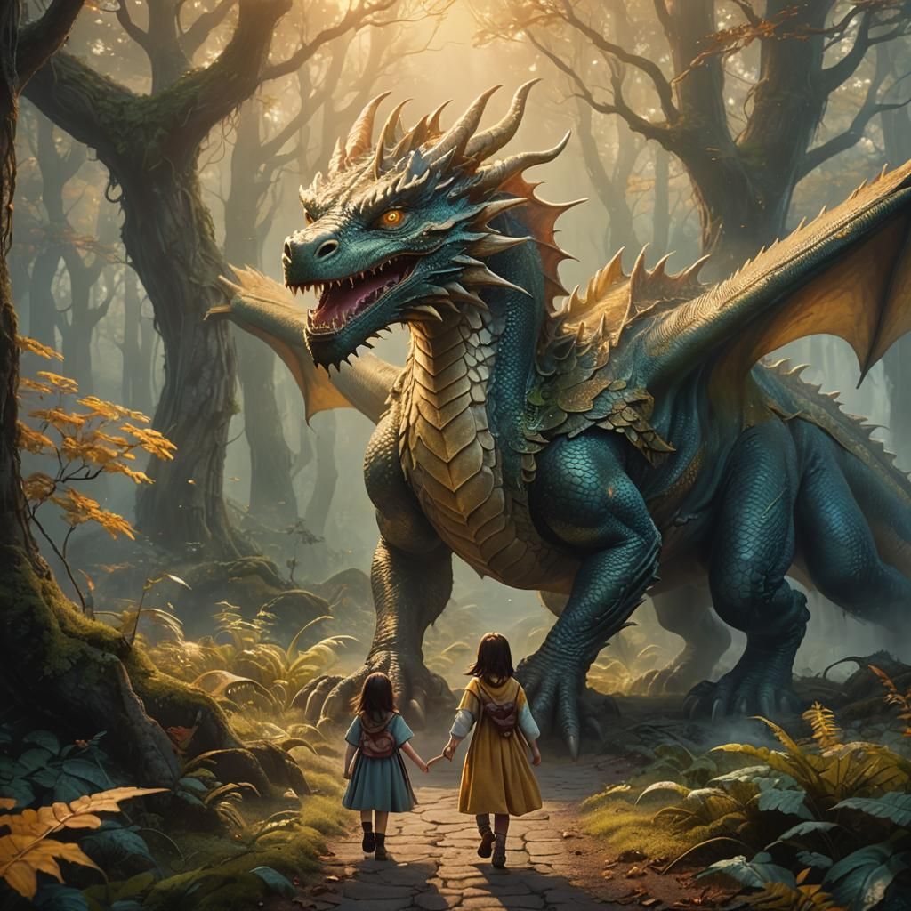 Dragon and Girl in Misty Forest, Vibrant Oil Painting