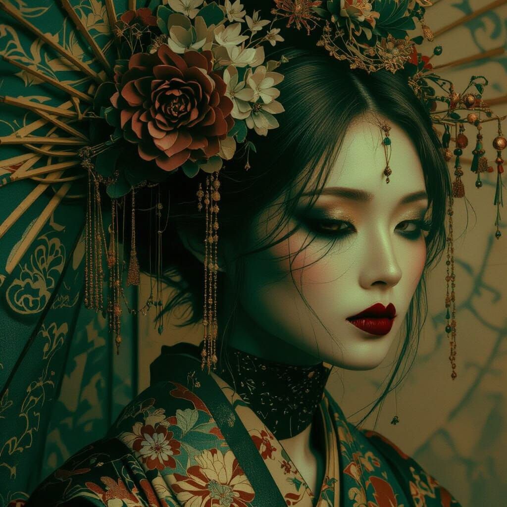 Mystical Geisha in Temple, Art Nouveau Inspired
