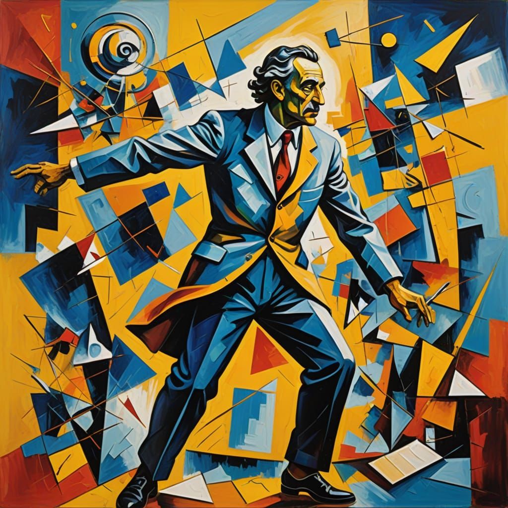 Cubist Masterpiece: Whirling Shapes in Vibrant Yellow and Bl...
