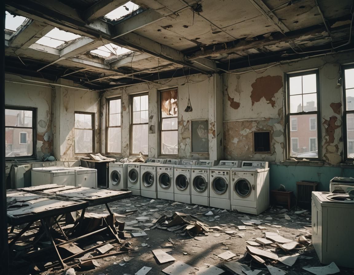 Post-Apocalyptic Laundromat in Ruins: Cinematic Still