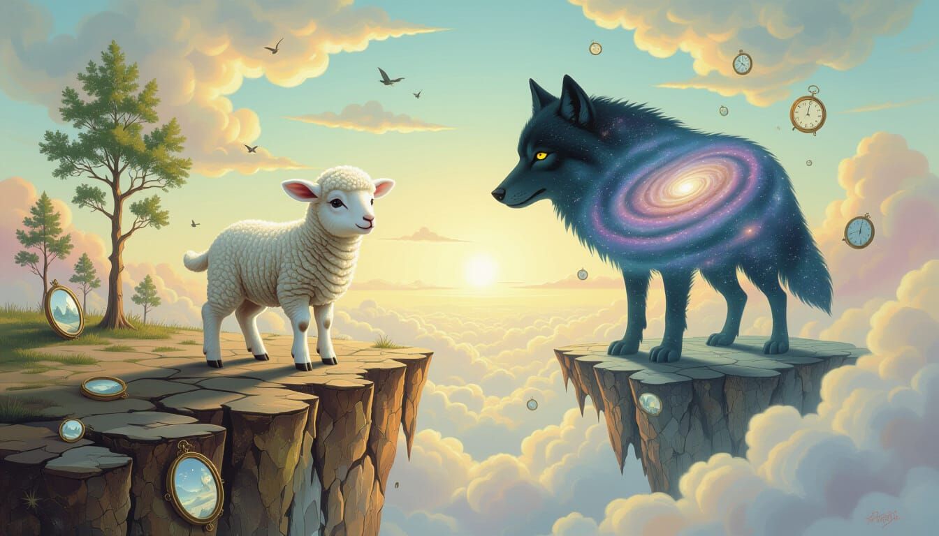 Nervous Lamb on Floating Cliff: A Surrealist Dreamscape